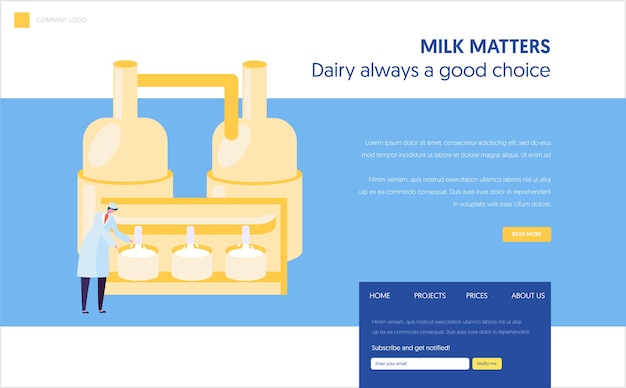 Vector male staff character in uniform view milk pasteurization process landing page. cheese food production industry concept. factory line website or web page. flat cartoon vector illustration