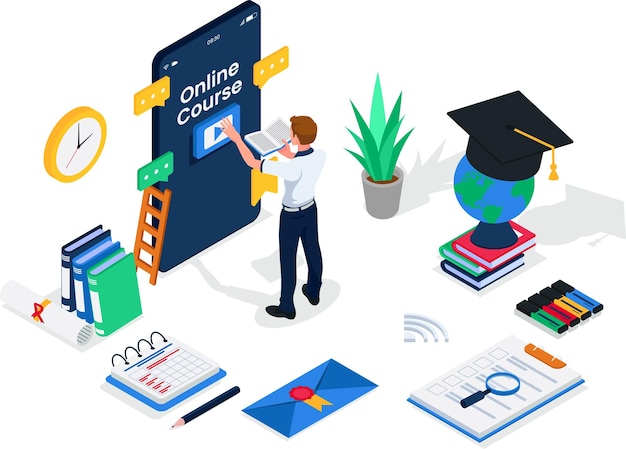 Male student access online course video at smartphone device isometric online education illustration concept Male with big cell phone screen graduation cap globe book Vector