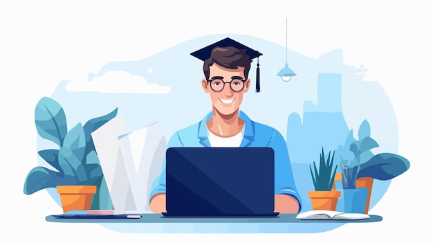 Vector male student in cartoon style studying online education vector illustration