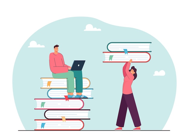 Male student with laptop sitting and studying on stack of books. Girl carrying huge books flat vector illustration. Online education, knowledge concept for banner, website design or landing web page