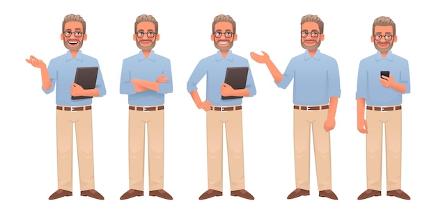 Male teacher character set The teacher points with his hand at something poses looks the smartphone