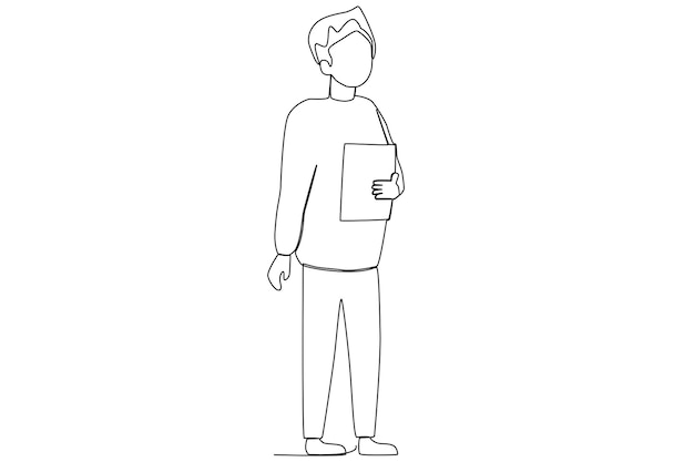 A male teacher holding a book while standing one line art