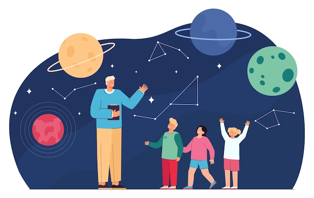 Male teacher telling kids about solar system in observatory. School trip to planetarium flat vector illustration. Education, astronomy, space concept for banner, website design or landing web page