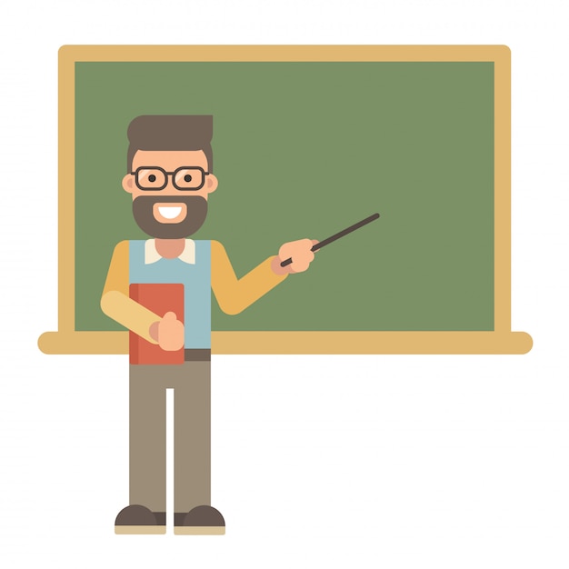 Male teacher with a book and a pointer near a blackboard