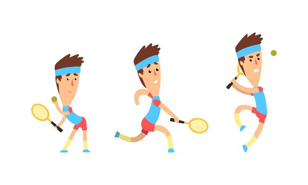 Vector male tennis player character set athlete in sports uniform playing tennis cartoon vector illustration