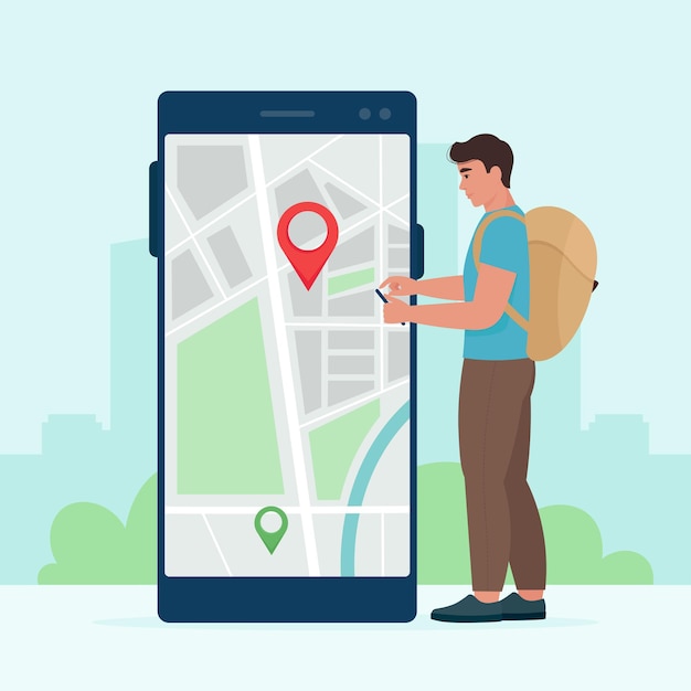 A male tourist with a phone in his hands uses electronic maps to find a location. Vector illustration in flat style