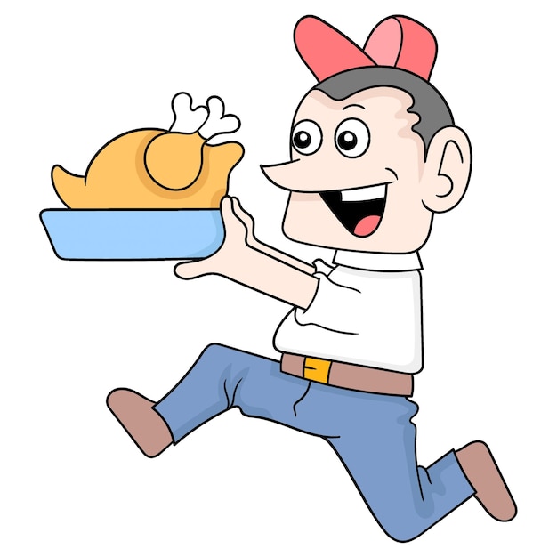 Male waiter running around serving delicious grilled chicken doodle icon image kawaii