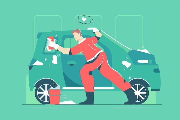 Male worker washes car with mop vector illustration. Character polish vehicle exterior with tool flat style. Automobile service station, transport concept. Isolated on green background