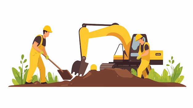 Vector male workers in yellow overalls removing soil industrial work concept