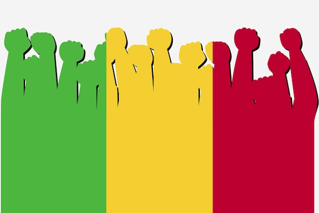 Mali flag with raised protest hands vector country flag logo Mali protesting concept flat design