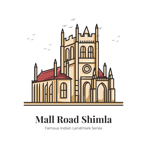 Mall Road Shimla Indian Landmark Iconic Cartoon Illustration