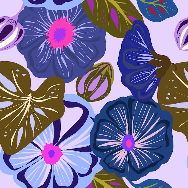 Mallow, rose in flat style. Vector seamless pattern