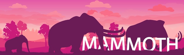 Mammoth family A flock of prehistoric elephants in a beautiful landscape Giant animal of the Jurassic period Prehistoric mammoth and cub on a plain with fir trees and grass vector illustration