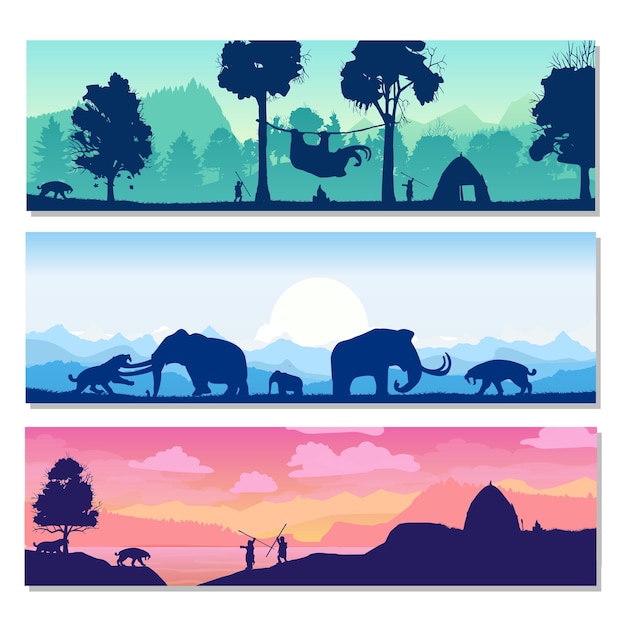 Mammoth hunting A set of prehistoric animal panorama Primitive hunters and sabertoothed tigers in a beautiful landscape vector illustration