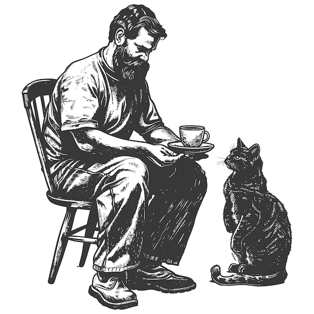 man activities with cat with engraving style