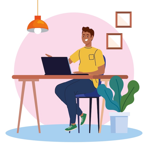 Man afro using laptop computer in desk, working online illustration