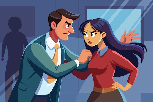 A man angrily gestures towards a woman in an office addressing an issue of harassment directly Stop man harassment from his wife