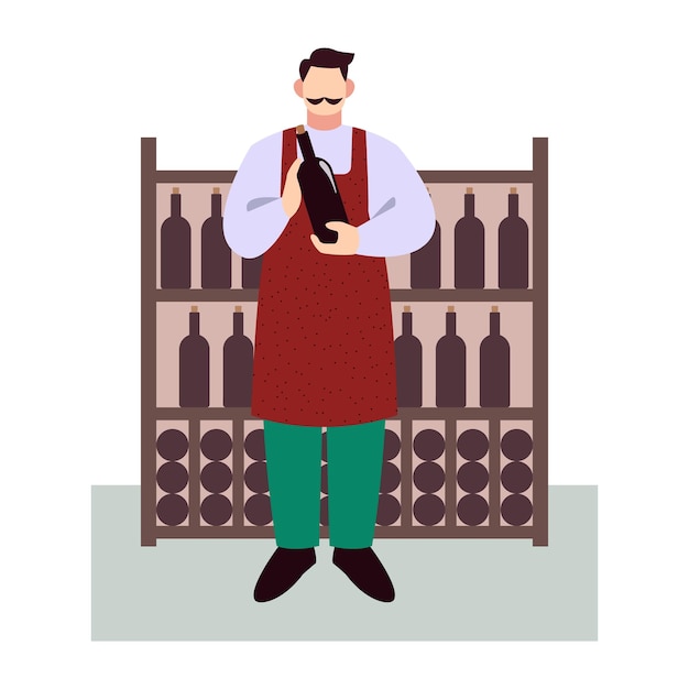 Vector man in apron holding bottle of wine standing near wine rack