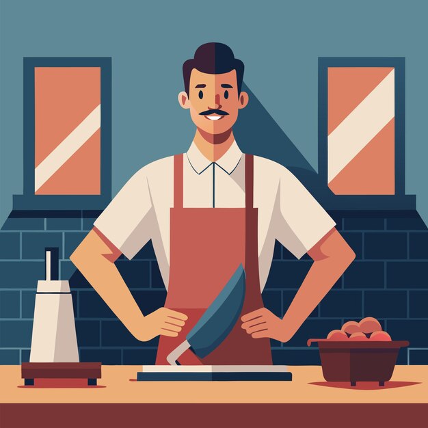 Vector a man in an apron with a knife in his hand and a sign that says quot cook quot