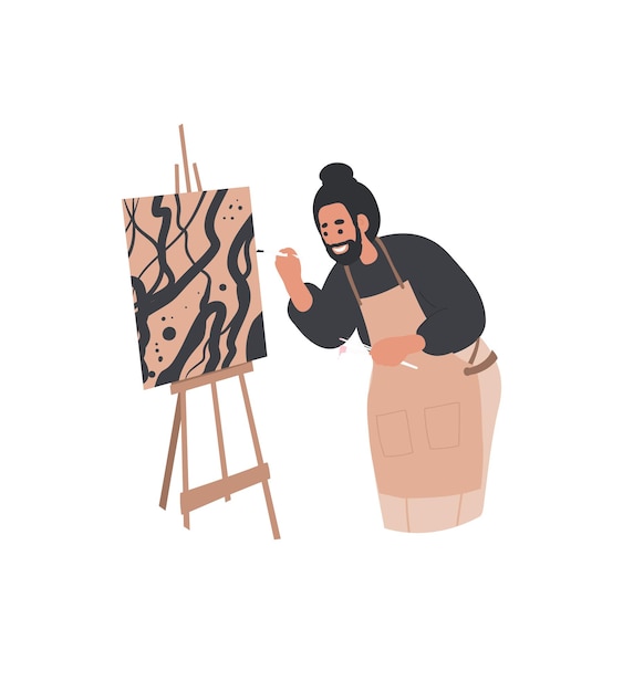 Man Artist painting picture on easel,  Hobby, art studio, art classes concept, Young man painter