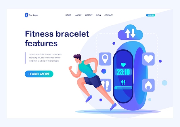 Man athlete uses a Fitness bracelet properties and performance of the device Flat 2D character Landing page concepts and web design