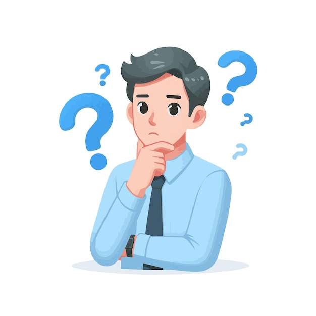 Man avatar thinking with question marks isolated