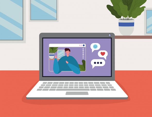 Man avatar with bubbles on laptop in video chat  design