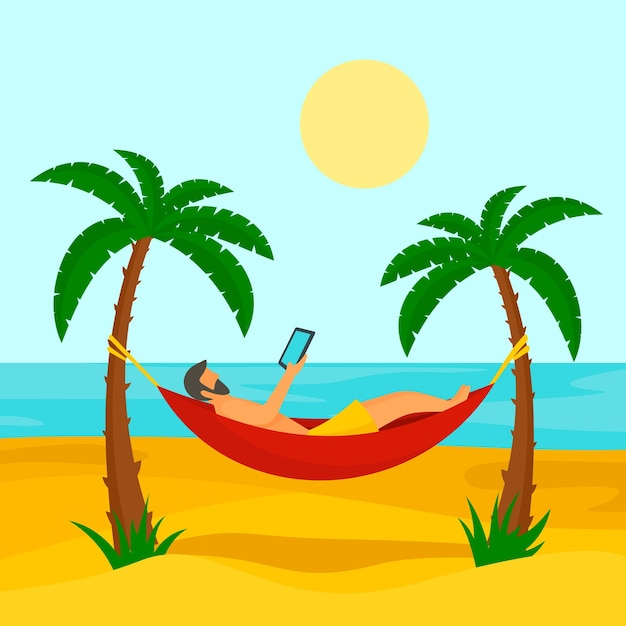 Man at beach hammock concept background Flat illustration of man at beach hammock vector concept background for web design