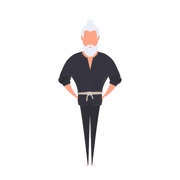 A man in a black kimono meditates. Kung Fu Master. The guy is doing yoga. Vector.