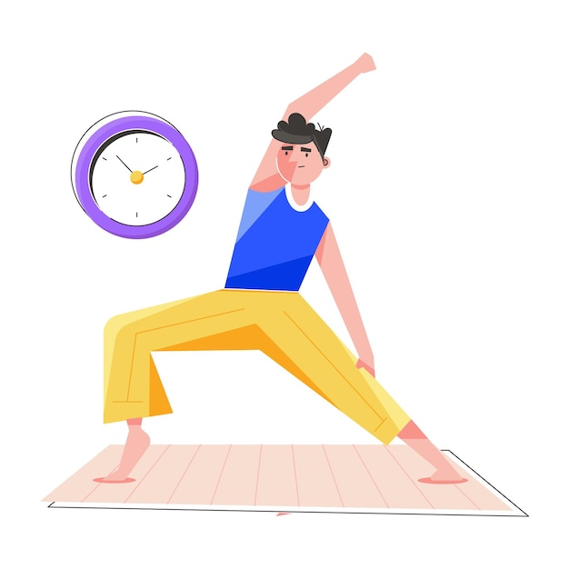 A man in a blue shirt is doing yoga with a clock on the wall.