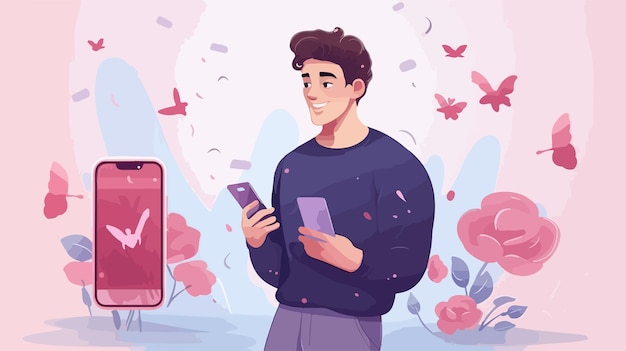 a man in a blue sweater is holding a phone and a pink heart in the background