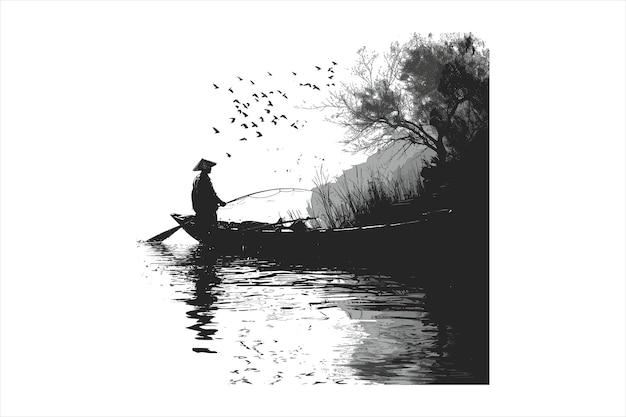 a man in a boat with a man fishing in the water