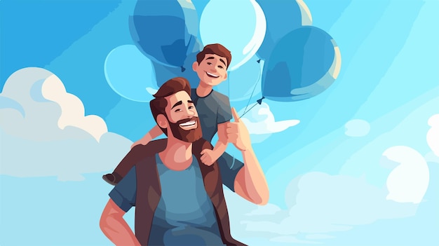 Vector a man and a boy are holding balloons in the sky