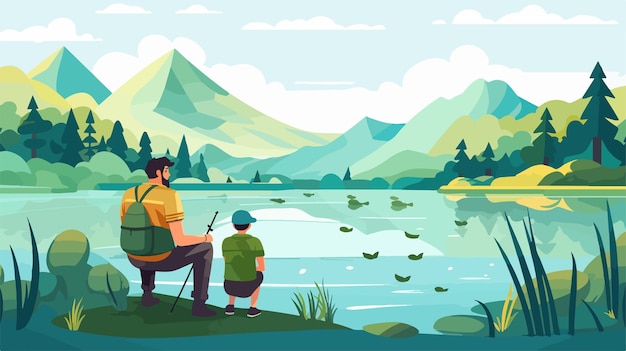 a man and a boy fishing in a lake with mountains in the background