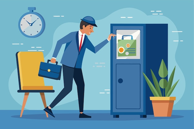 A man in business attire inspects a locker while carrying a briefcase in an office environment Man doing security check on safe