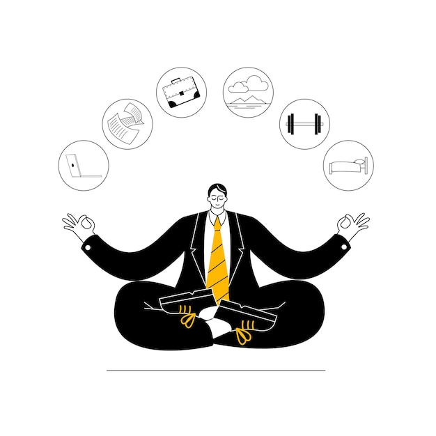 A man in business clothes meditates in the lotus position