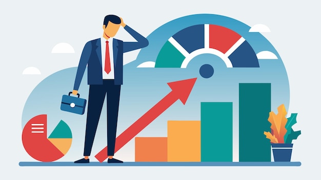 A man in a business suit stands in front of a credit score chart with arrows pointing downwards to