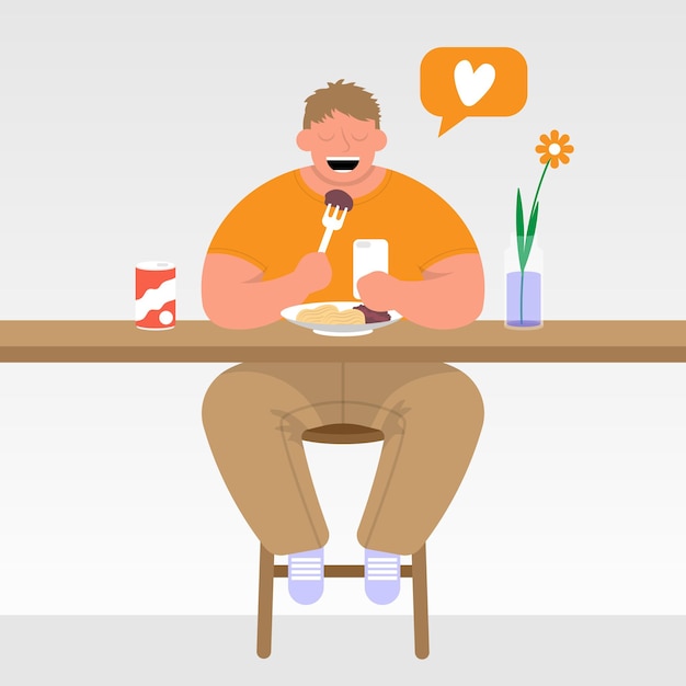 The man at the cafe table looks at the phone and eats Vector flat illustration