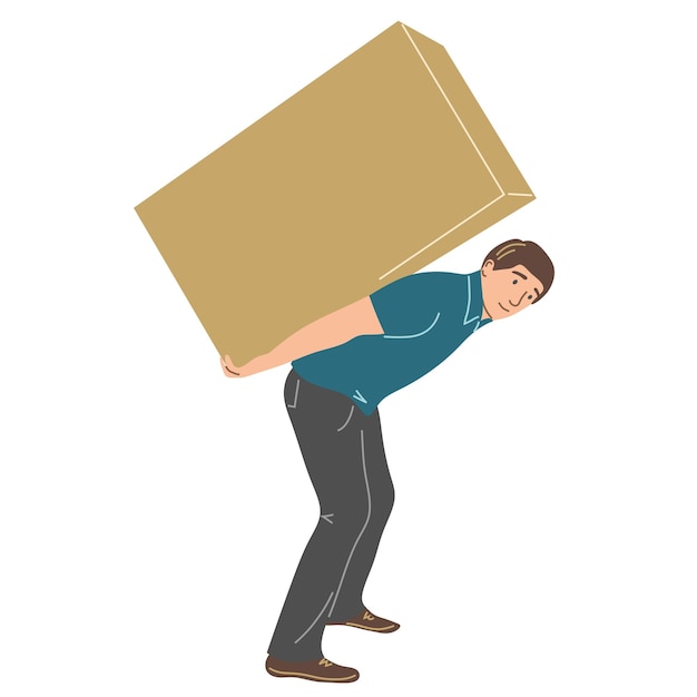 A man carries a large box on his back A courier or loader helps with moving Flat vector illustration