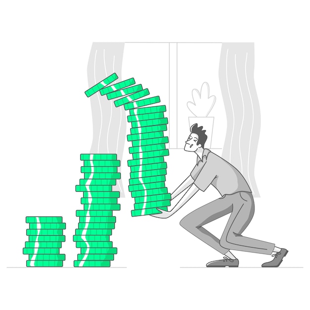 man carries a stack of coins