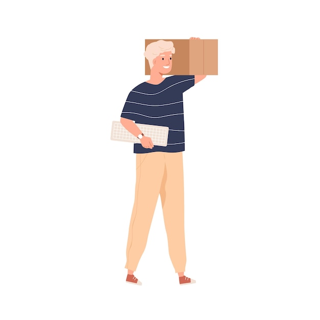 Man carrying carton box and moving. Employee holding cardboard with office stuff. Happy person relocating, changing work with package in hands. Flat vector illustration isolated on white background.