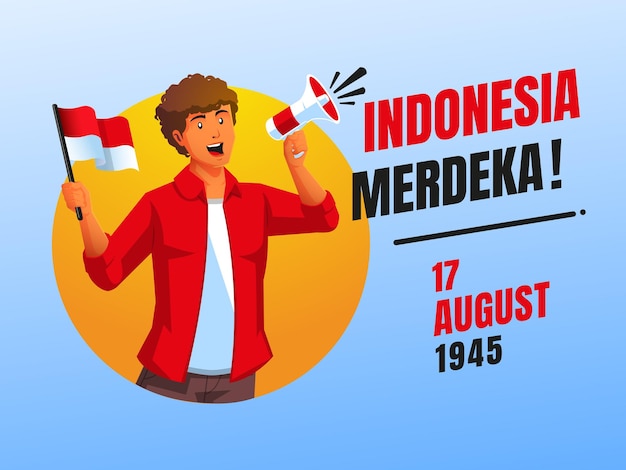 a man carrying an indonesia flag and holding a megaphone celebrates indonesia independence day