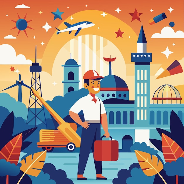 Vector man carrying suitcase in city with buildings and sky