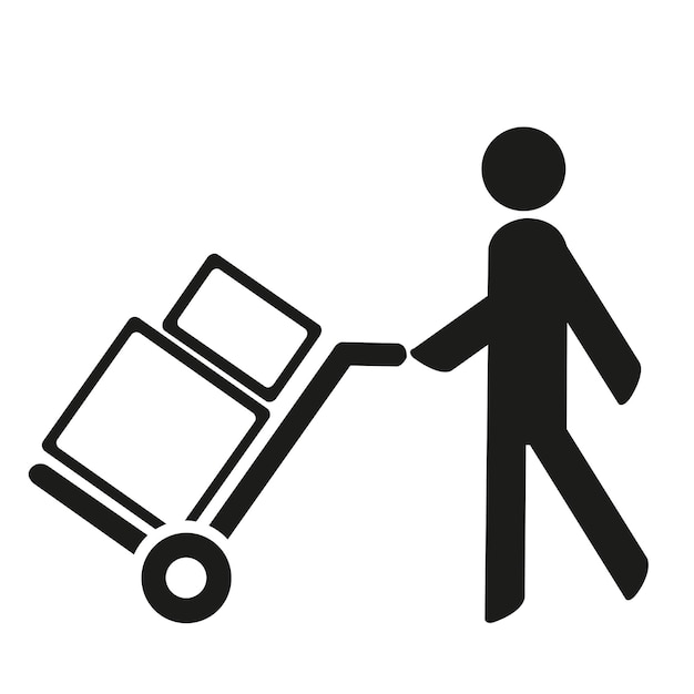 A man carrying two boxes with a cart on a white background with copy space