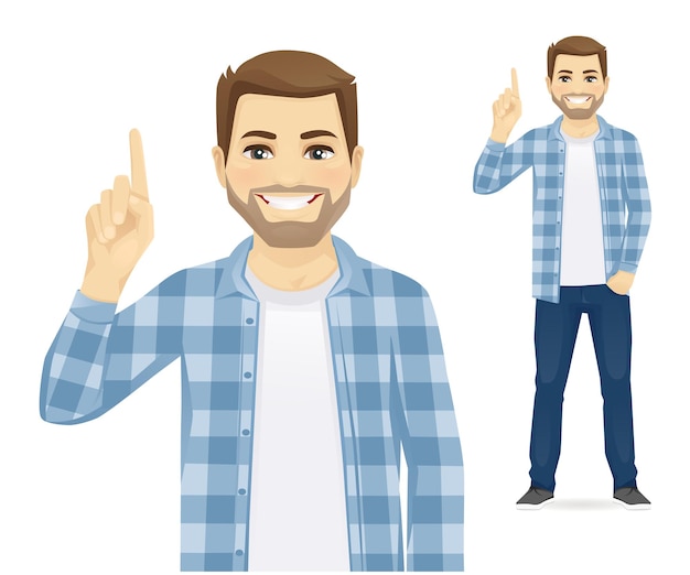 Man in casual clothes pointing up vector illustration isolated