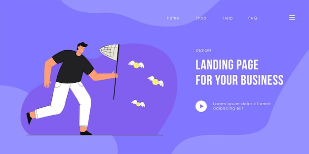 Man catching winged coins with butterfly net landing page template