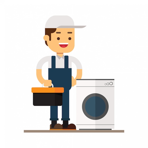 Man character avatar icon.Happy repairman and washing machine