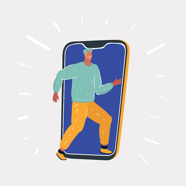 Man character steps in smartphone screen