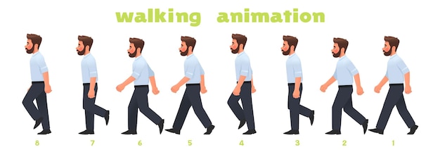 Man character walking animation. Businessman walks, a step by step cycle of pictures. Vector illustration in cartoon style