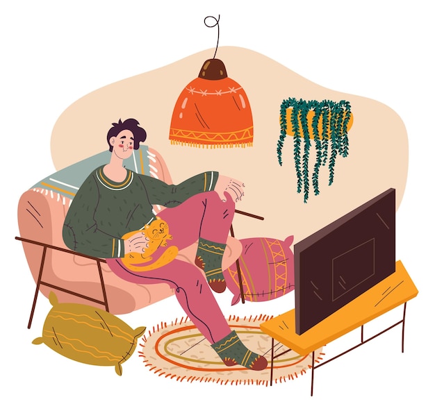 Man character watching TV sitting on sofa home living room illustration